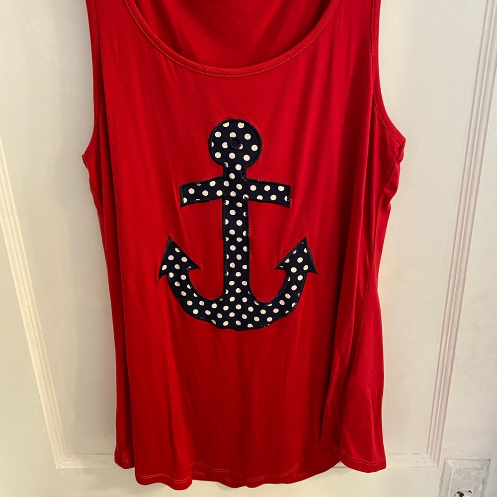 red tank with with navy and white polka dot anchor